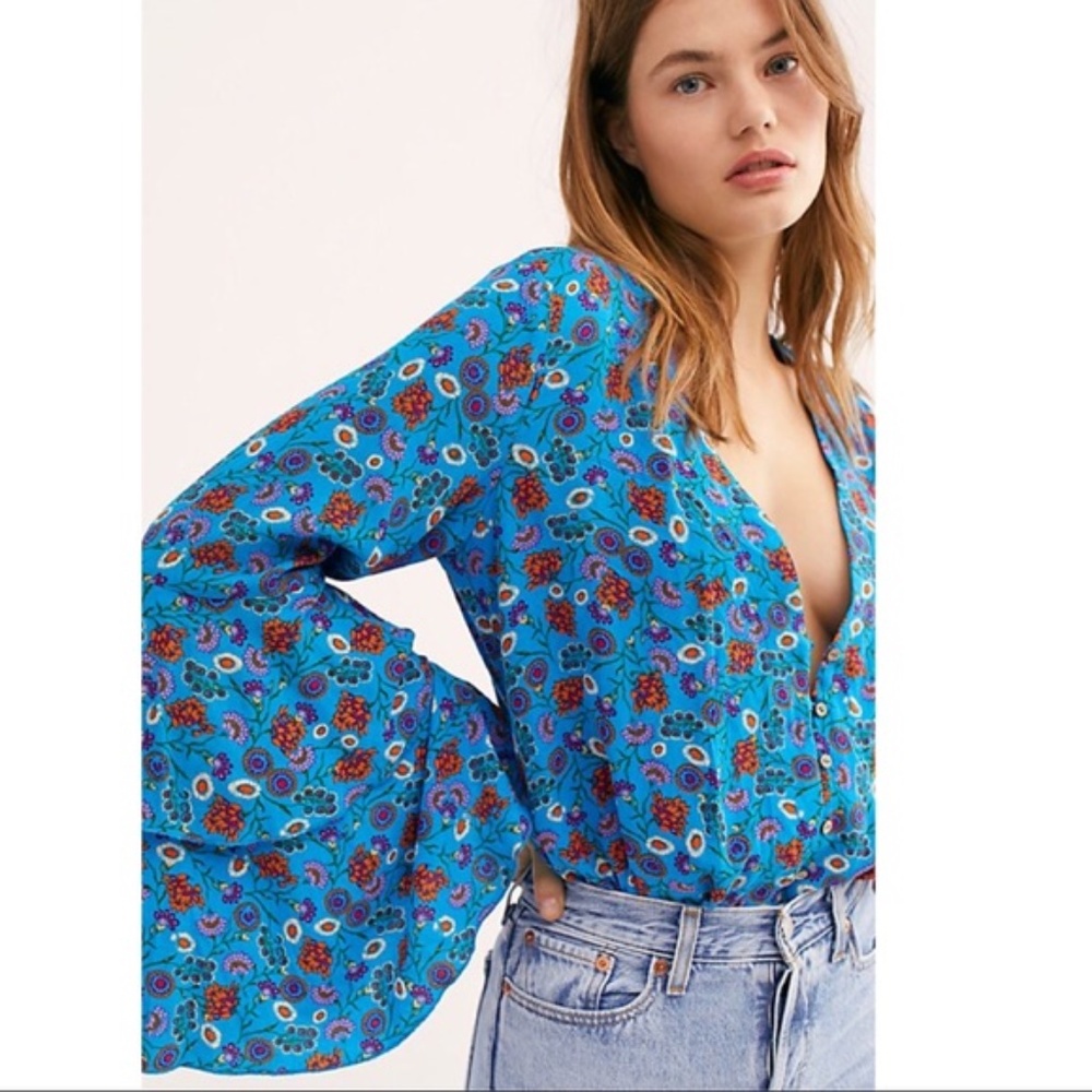 Free People Blue Floral BodySuit Small